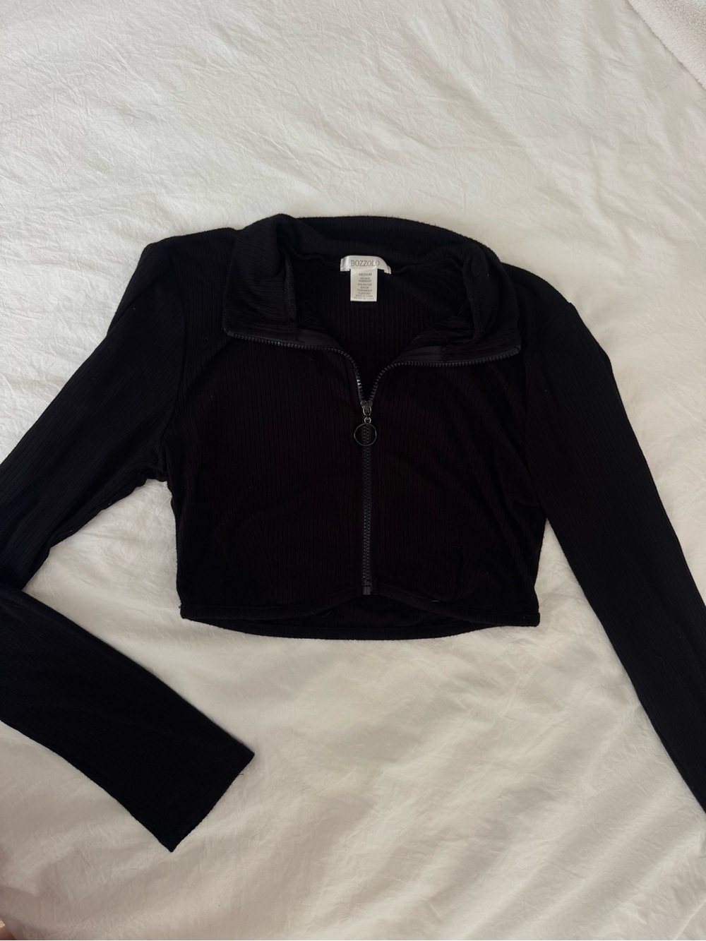 Bozzolo Black Cropped Ribbed Zip-Front Top